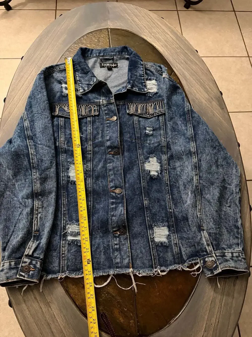 Thrill Jeans Distressed Rhinestone Fringe Denim Jacket Size 1X